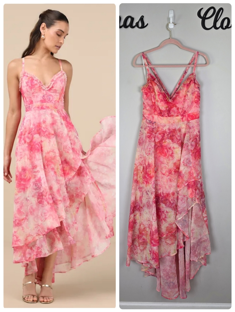 Lulus Desdra Pink Floral Ruffled Tiered High-Low Maxi Dress Size XL NWT